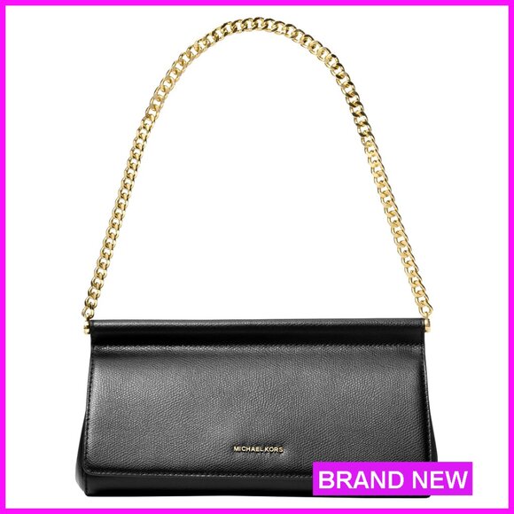 Handbags - Leather Clutch with Chain Strap, Convertible Shoulder or Hand Carry